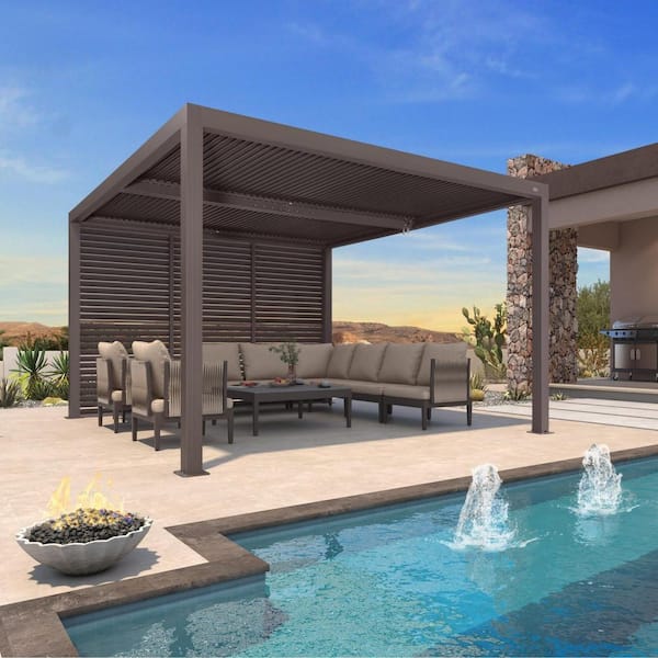 PURPLE LEAF 12 ft. x 12 ft. Bronze Aluminum Louvered Pergola with 2-Adjustable Sunshade Roofs and 1-Long Side Fixed Shutter Wall