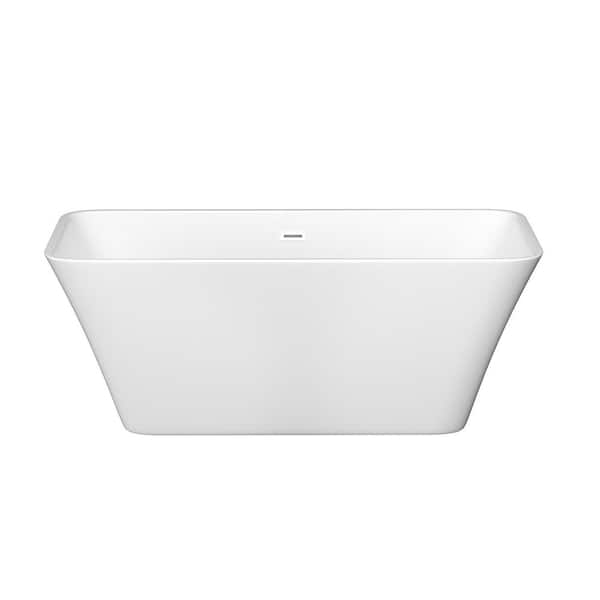 VANITYFUS 67 in. Acrylic Freestanding Flatbottom Double Ended Rectangular Soaking Bathtub in Glossy White with Brass Drain