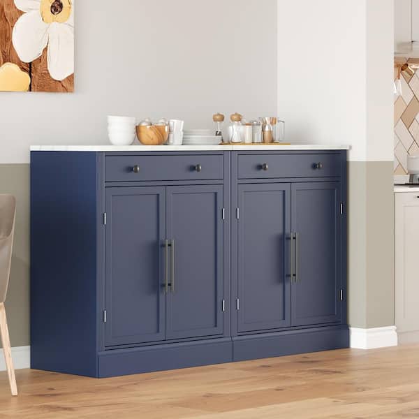 35.4 in. Wood Pantry Organizer with Drawer, 2-Adjustable Shelves and 2-Door Shelves (Set of 2) in Blue