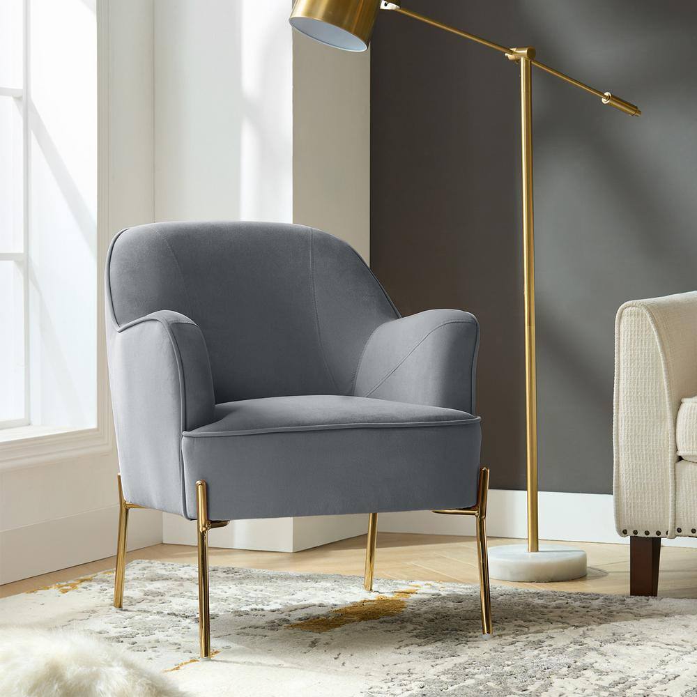 Elegant Gray Velvet Accent Chair with Golden Metal Legs