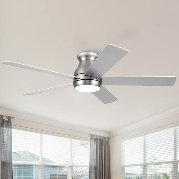 Hoppas 52 in. Indoor Brush Nickel Flush Mount Ceiling Fan with Integrated LED Light Kit and Reversible DC Motor