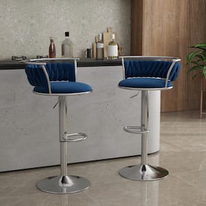 38.7 in. Swivel Adjustable Height Low Back Silver Metal Frame Bar Stool with Navy Blue Velvet Seat Cushion (set of 2)