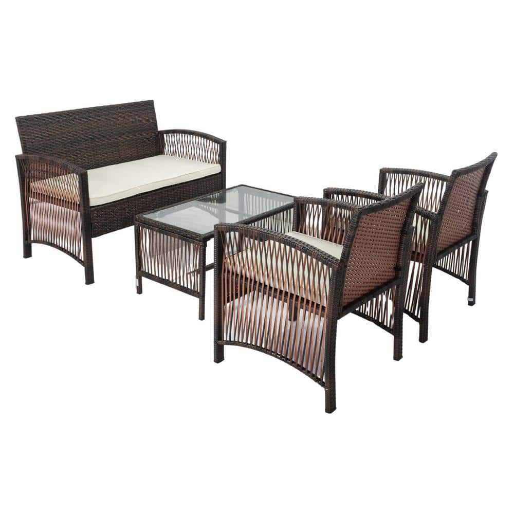 Sudzendf Brown 4-Piece Wicker Outdoor Patio Conversation Set with Beige ...