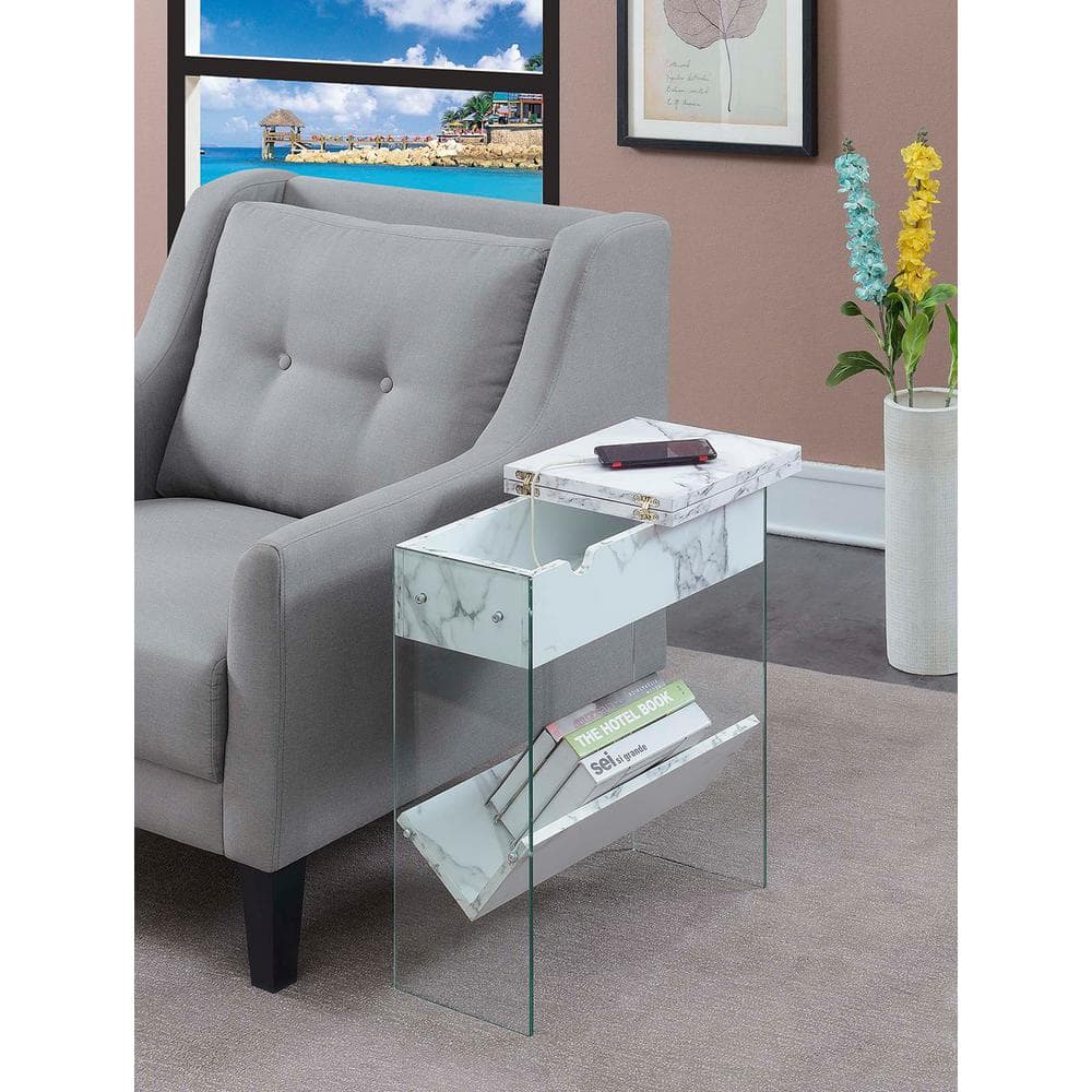 SoHo Modern White Faux Marble Flip Top End Table with Charging Station