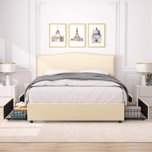 VECELO Velvet Storage Beige Metal Frame Queen Platform Bed with 4 Drawers, Upholstered Bed with Adjustable Headboard