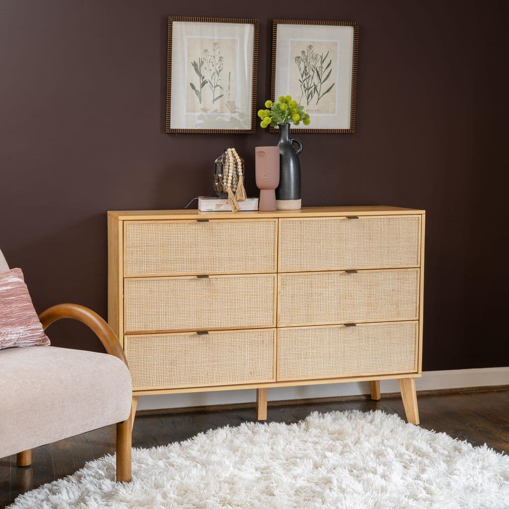 Mid-Century Natural Wood and Rattan 6-Drawer Dresser