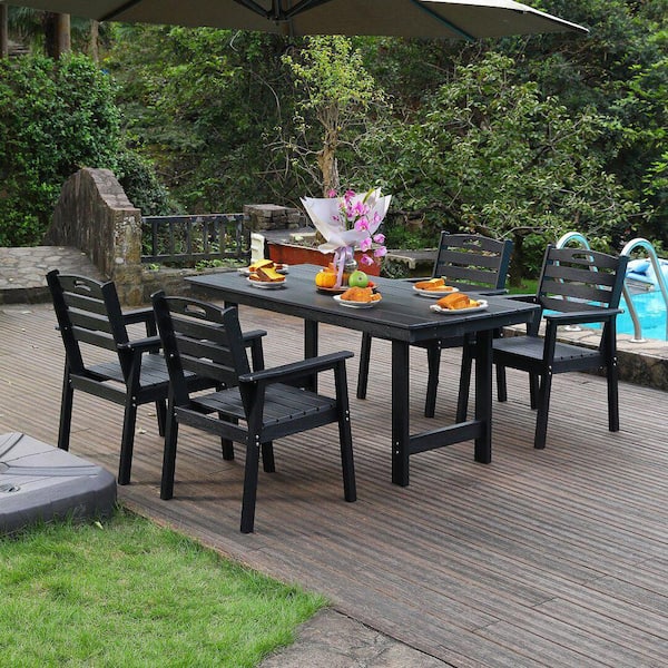 Liro Black 5-Piece Plastic Rectangle Patio Outdoor Dining Table Set with 4 Slatted Back Chairs, Waterproof