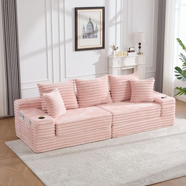 Irixa 107.48 in. Square Arm Corduroy Upholstered Rectangle Convertible Sofa Bed in Pink with Memory Foam