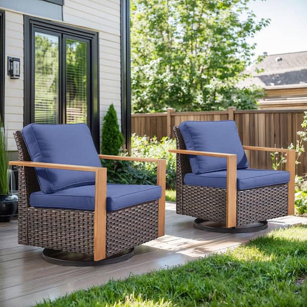 Opohoro MetalWood Metal and Brown Wicker Outdoor Rocking Chair Patio Swivel Chairs with Olefin Navy Blue Cushions (2-Pack)