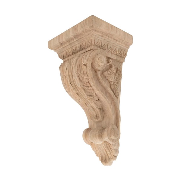 American Pro Decor 5-3/8 in. x 10 in. x 4-3/8 in. Unfinished Medium Hand Carved North American Solid Red Oak Acanthus Wood Corbel