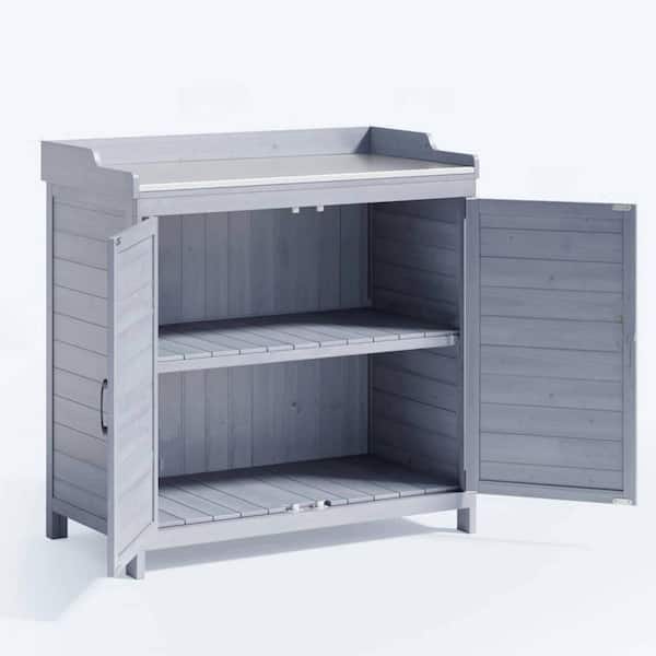 38.6 in. W x 18.9 in. D x 37.4 in. H Wood Outdoor Storage Cabinet, Metal Tabletop Outdoor Patio Bench, Gray