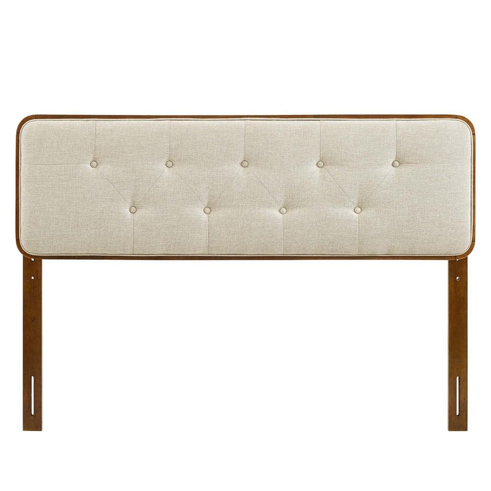Walnut Beige Tufted Fabric Queen Headboard with Mid-Century Charm