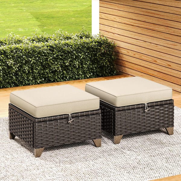 JOYSIDE Wicker Outdoor Patio Ottoman with Baby Beige Cushions (Set of 2)