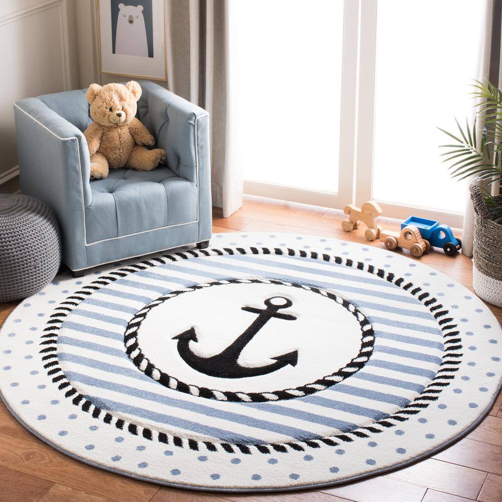 Ivory and Navy Round Anchor Kids Area Rug