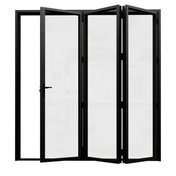 96 in. x 80 in. Right Swing/Outswing Double Tempered Glass Black Aluminum Folding Patio Door (3-Folding)