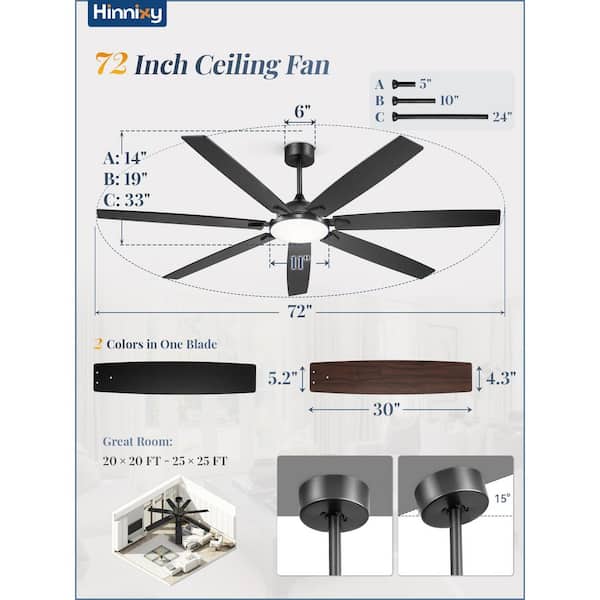 HINNIXY 72 in. Indoor/Outdoor Black Ceiling Fans with LED Light