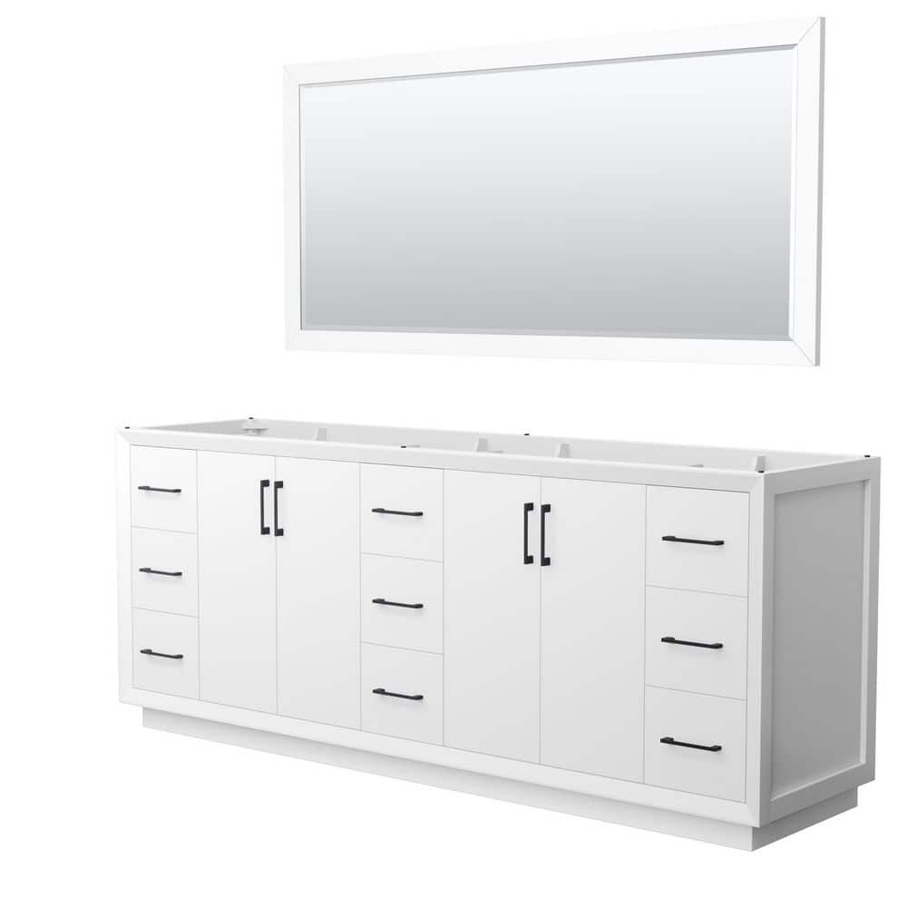 Wyndham Collection Strada 83.25 in. W x 21.75 in. D x 34.25 in. H Double Bath Vanity Cabinet without Top in White with 70 in. Mirror, White with Matte Black Trim -  WCF414184DWBCXSXXM70