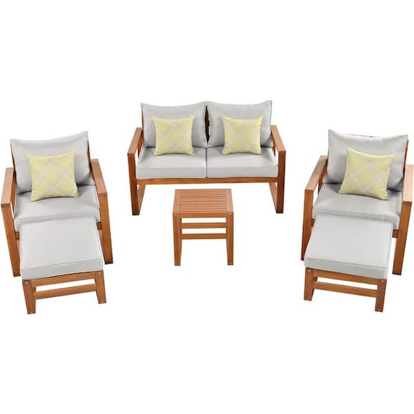 Unbranded 6-Piece Wood Outdoor Couch Conversation Set with Ottomans and Gray Cushions for Backyard, Poolside, Balcony