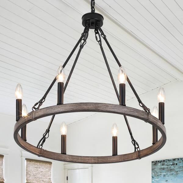 LWYTJO 8-Light Black and Imitation Wood Grain Wagon Wheel