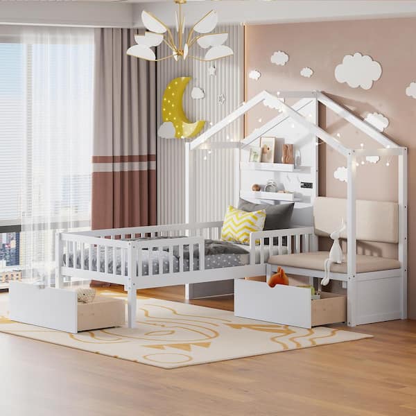 Harper & Bright Designs White Twin Size Wood House Platform Bed with Sofa, Charging Station, Wireless Charging, 2-Drawer, Shelves, Light Strip