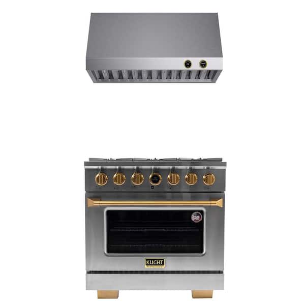 Kucht 36 in. 5.2 cu. ft. 6-Burners Dual Fuel Range for Propane Gas in Stainless Steel and Gold Plus Under Cabinet Range Hood