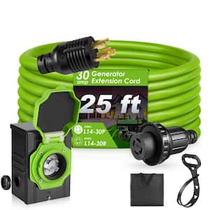 25 ft. 10/4 30 Amp Generator Extension Cord 4 Prong 125-Volt Indoor/Outdoor Extension Cord L14-30 with Lighted End Green