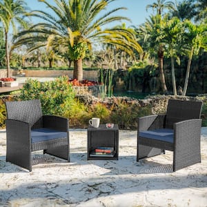 3-Piece Gray Patio Outdoor Furniture Wicker Conversation Set with Navy Cushions