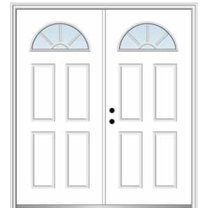 60 in. x 80 in. White Internal Grilles Right-Hand Inswing Fan Lite Clear Painted Fiberglass Smooth Prehung Front Door
