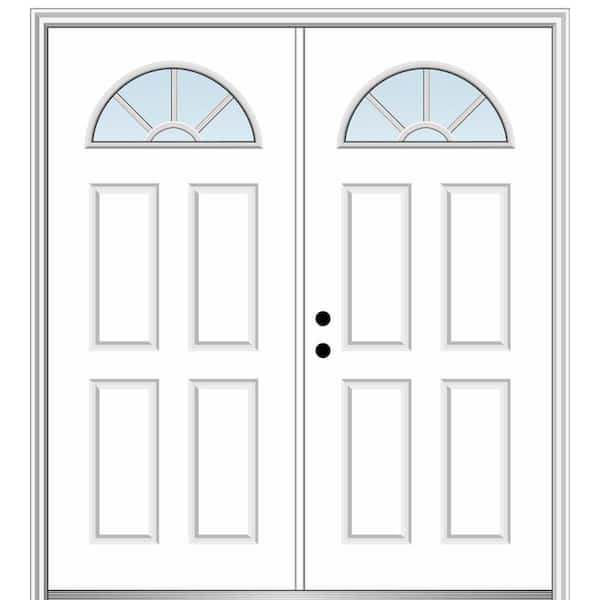 MMI Door 64 in. x 80 in. White Internal Grilles Right-Hand Inswing Fan Lite Clear Painted Fiberglass Smooth Prehung Front Door