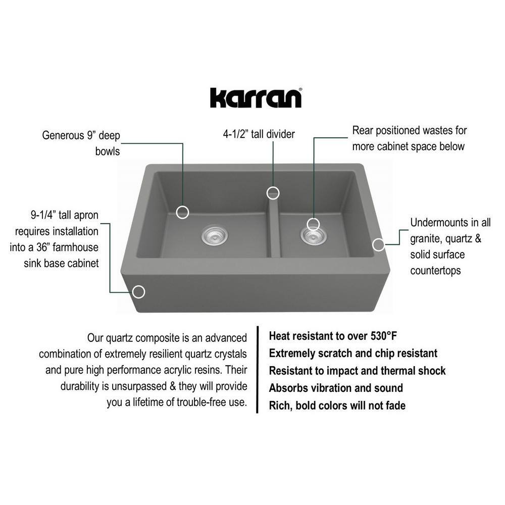 Gray Quartz 34'' Double Bowl Farmhouse Kitchen Sink Kit