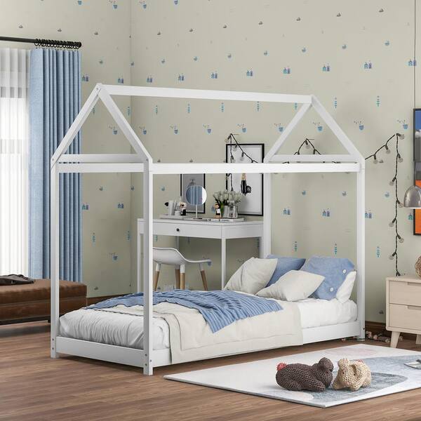 Harper & Bright Designs White Twin Size Wooden Platform Bed with House ...