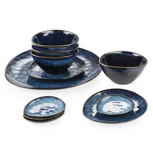 Starry 11-Pieces Blue Dinnerware Set Porcelain with 1-Dinner Plate, 2-Dessert Plate, 4-560ml Bowl, 4-Dish (Set for 4)