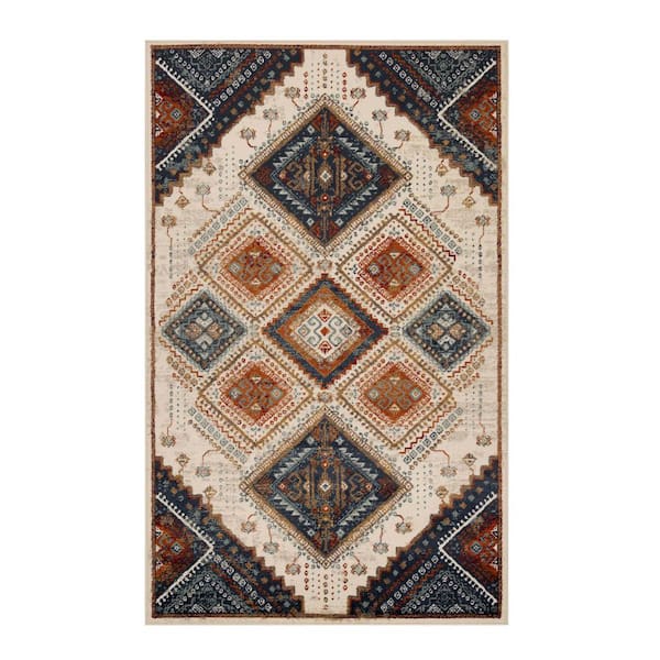 SUPERIOR Poway White/Blue 8 ft. x 10 ft. Geometric Medallion Indoor Area Rug