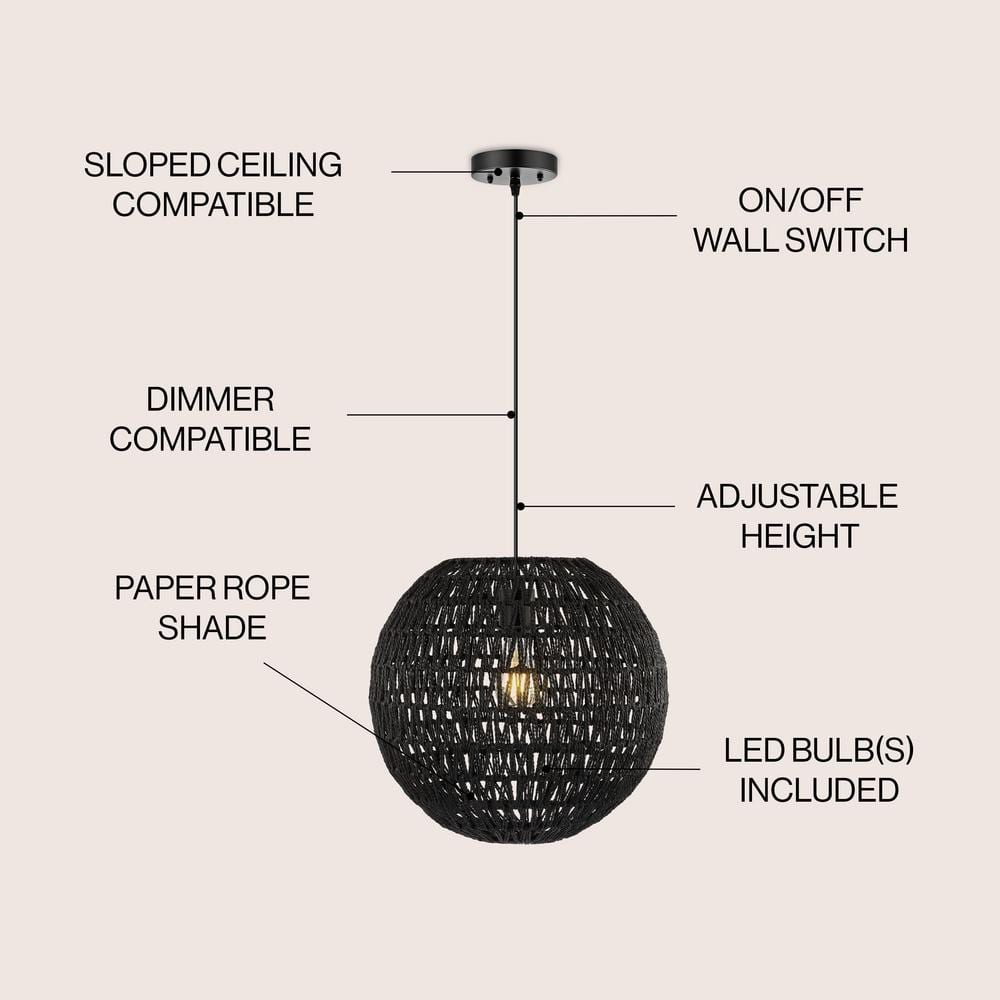 Luna 15.75" Bohemian Modern Black Woven Rattan/Iron LED Pendant