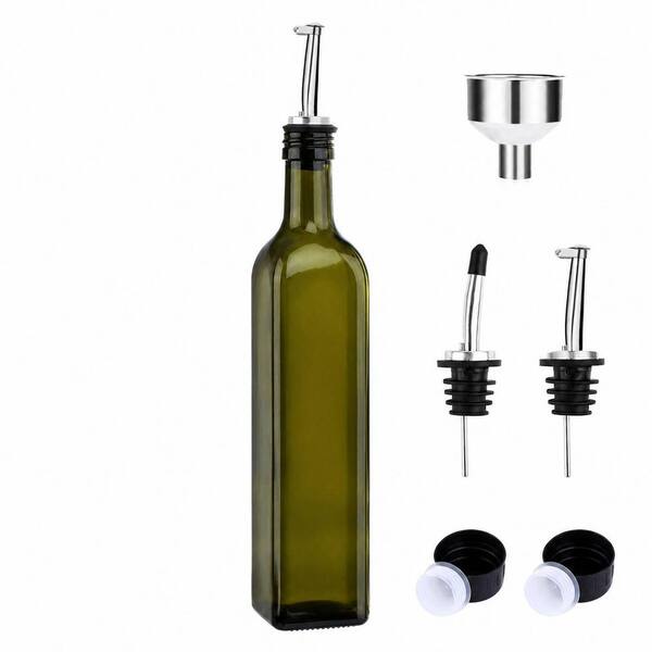 17 oz. Dark Green Glass Olive Oil Dispenser Bottle with Pour Spout and Funnel, 500 ml