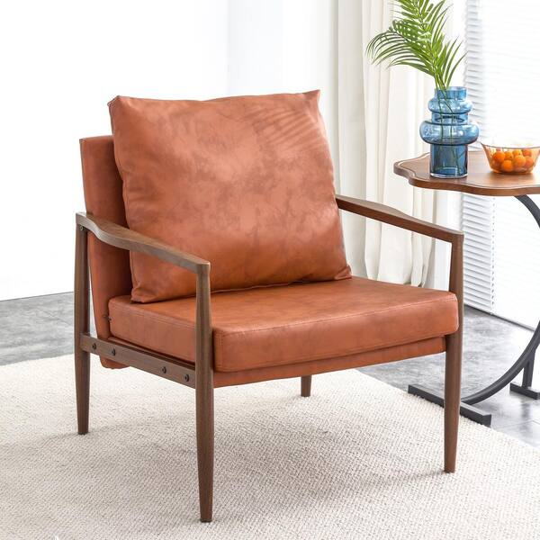 Polibi Mid-Century Modern Orange Velvet Accent Chair with Solid Wood and Thick Seat Cushion