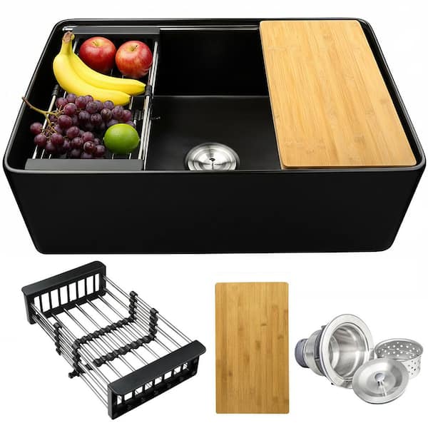 Black Fireclay 30 in. Single Bowl Apron-Front Workstation Kitchen Sink with Basket Strainer