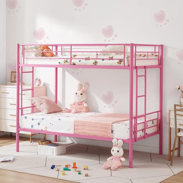 VECELO Bunk Bed Metal Twin Over Twin, Industrial Bunkbeds with Ladder and Full-Length Guardrail, Pink - Platform Bed Frame