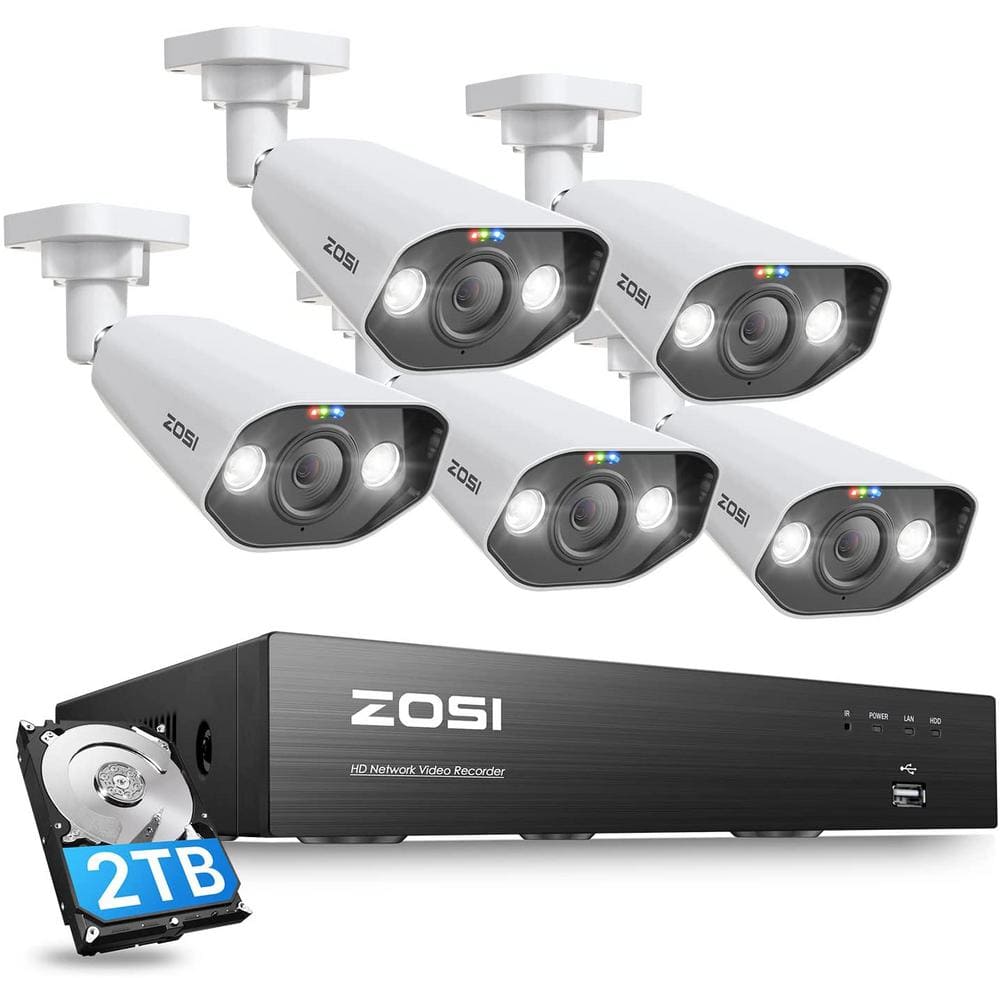 Ultra HD 4K 8-Channel 2TB PoE NVR Home Security Camera System with 5 Wired 8MP Spotlight Cameras, 2-Way Audio -  ZOSI, 8SN-1828W5-20