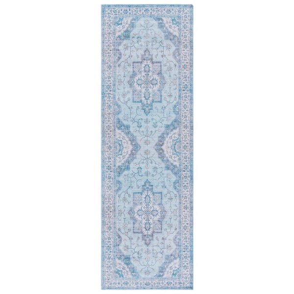 Arizona 3 ft. x 8 ft. Light Blue/Ivory Machine Washable Faded Medallion Runner Rug