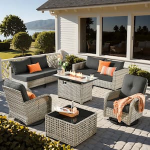 Gerbera Gray 9-Piece Wicker Patio Fire Pit Conversation Sofa Set with Swivel Rocking Chairs and Black Cushions