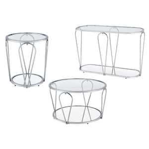 Orrum 31.25 in. Chrome and Clear Round Glass Coffee Table Set (3-Piece)