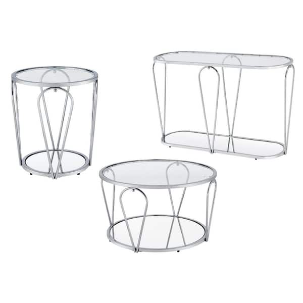 Furniture of America Orrum 31.25 in. Chrome and Clear Round Glass Coffee Table Set (3-Piece)