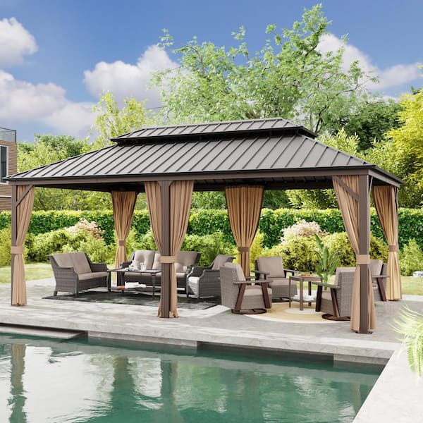 12 ft. x 20 ft. Aluminum Outdoor Gazebo with Double Galvanized Steel Roof, Ceiling Hook, Mosquito Netting and Curtains