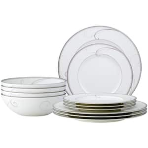 Platinum Wave White/Platinum Porcelain 12-Piece Dinnerware Set (Service for 4)