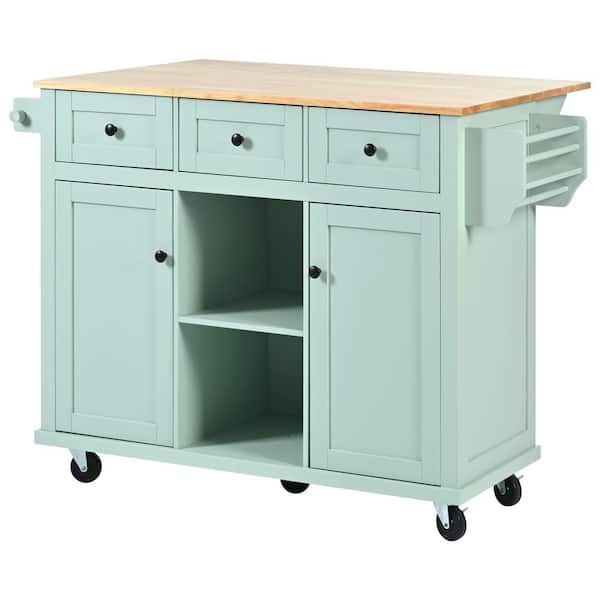 Cesicia Mint Green Wood Drop-Leaf Countertop 53.1 in. Kitchen Island with Cabinet Door Internal Storage Racks and 3-Drawer