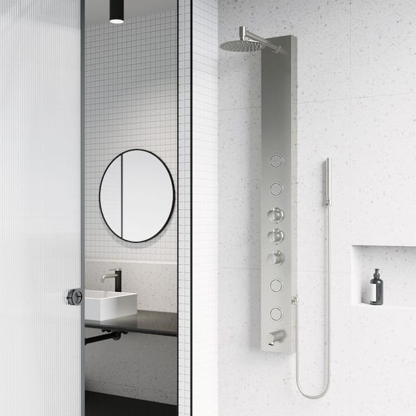 Bowery 59 in. H x 6 in. W 4-Jet Shower Panel System with Round Head, Tub Filler and Hand Shower Wand in Stainless Steel