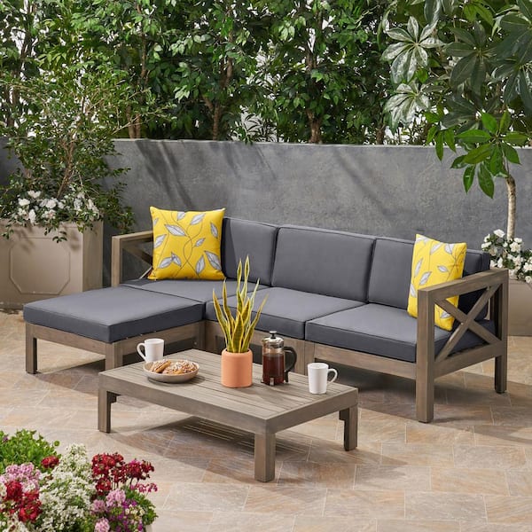 Sungrd 81.5in. 3-Seats Wood Outdoor Couch with Cushion Guard, Dark Gray, Alcove L-Shape Sofa Set, Dark Grey