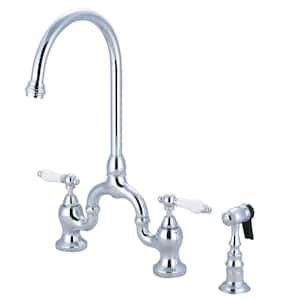 English Country Double-Handle Deck Mount Gooseneck Bridge Kitchen Faucet with Brass Sprayer in Polished Chrome