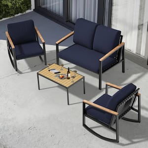 4-Piece Metal Outdoor Patio Conversation Set with Navy Cushions, 2-Rocking Chairs and Coffee Table